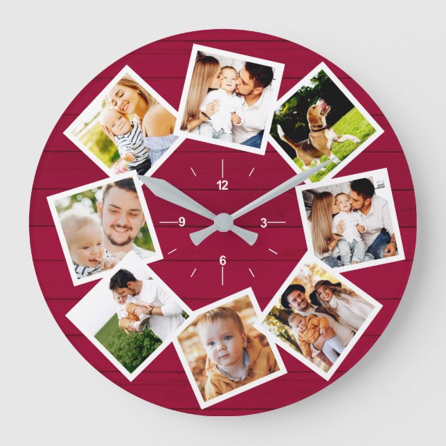 Family Photo Collage Rustic Farmhouse Red Large Clock (Front)