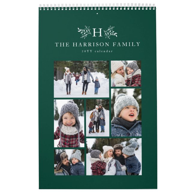 Family photo collage rustic monogram green calendar (Cover)