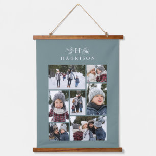 Family photo collage rustic monogram soft teal hanging tapestry
