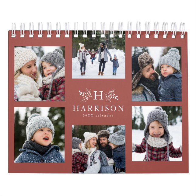 Family photo collage rustic terracotta monogram calendar (Cover)