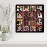 Family Photo Collage Rustic Wood Square Wall Clock<br><div class="desc">Fun, personalized design 12 space collage wall clock with your custom images on a rustic style wooden background.This great wall clock makes the perfect gift for family, friends, parents and grandparents! The clock face also features "our family" with your family name and year established with a solid white heart shape....</div>