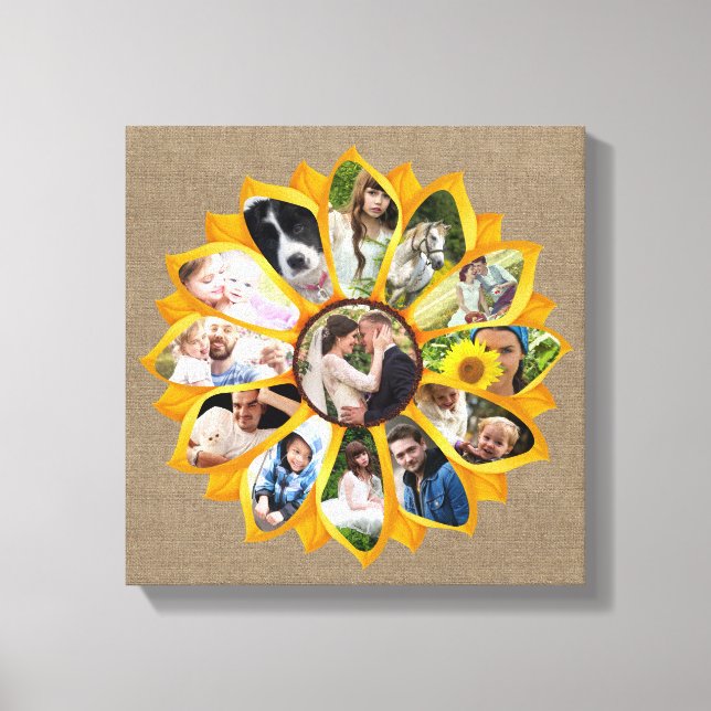 Family Photo Collage Sunflower Burlap 13 Pics Easy Canvas Print (Front)