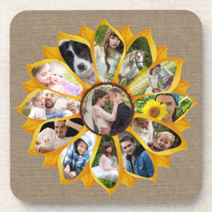 Family Photo Collage Sunflower Burlap 13 Pics Easy Coaster