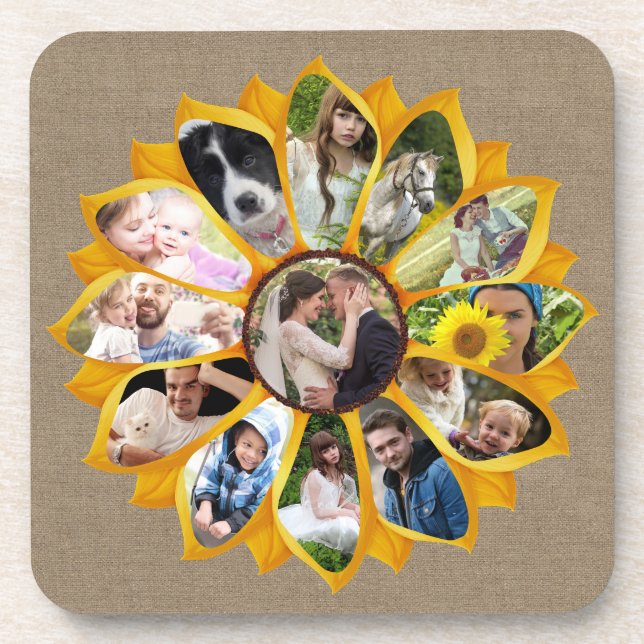 Family Photo Collage Sunflower Burlap 13 Pics Easy Coaster (Front)
