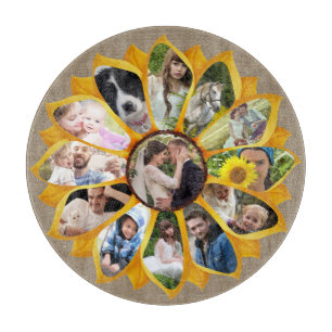 Family Photo Collage Sunflower Burlap 13 Pics Easy Cutting Board