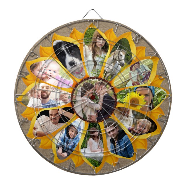 Family Photo Collage Sunflower Burlap 13 Pics Easy Dartboard (Front)