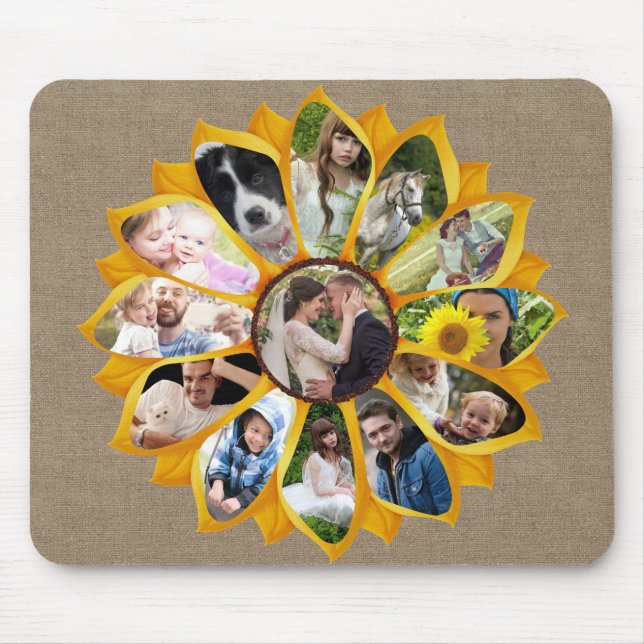 Family Photo Collage Sunflower Burlap 13 Pics Easy Mouse Pad (Front)