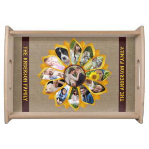 Family Photo Collage Sunflower Burlap Name Easy Serving Tray