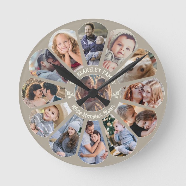Family Photo Collage Taupe 13 Custom Flower Shape Round Clock (Front)