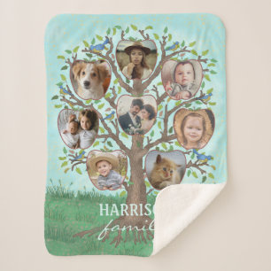 Family Photo Collage Tree 8 Pictures + Name Easy Sherpa Blanket