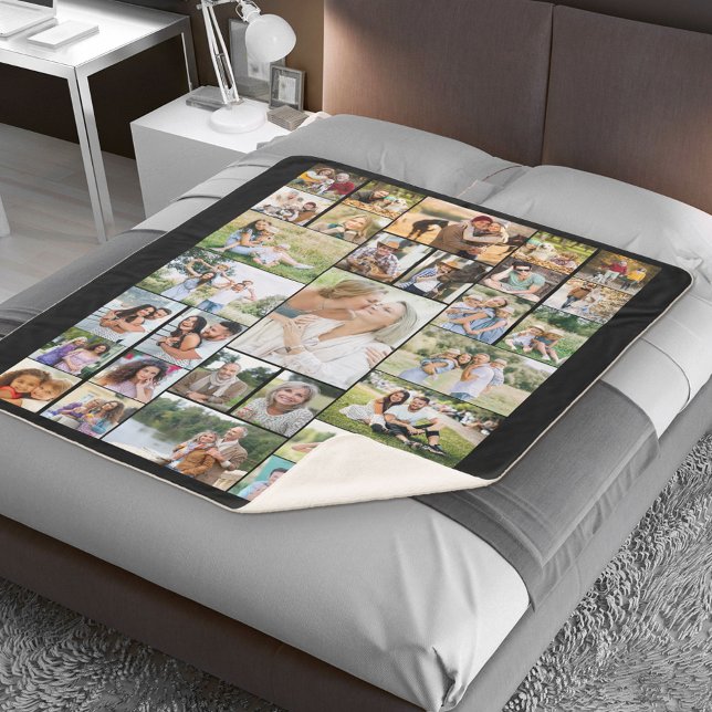 Family Photo Collage White 31 Picture Black Sherpa Blanket (Creator Uploaded)