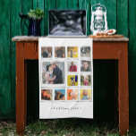 Family Photo Collage White  Kitchen Towel<br><div class="desc">Customize this kitchen towel with 13 square photos arranged in a grid collage layout,  with one large image and the remainder small. Add your family name or custom caption along the bottom in chic grey.</div>