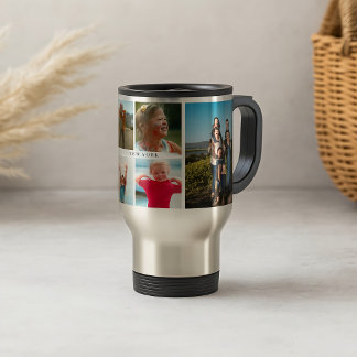 Family Photo Collage with 6 Photos and Custom Text Travel Mug