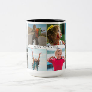 Family Photo Collage with 6 Photos and Custom Text Two-Tone Coffee Mug