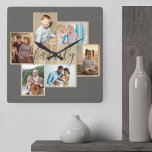 Family Photo Collage Wood Grain Border Warm Grey Square Wall Clock<br><div class="desc">Family photo collage with 6 of your favorite photos, calligraphy and light woodgrain look frame. The photo template is ready for you to add your photos, which are displayed in landscape and portrait formats. The background color and the word "family" are colored warm grey and you are welcome to edit...</div>
