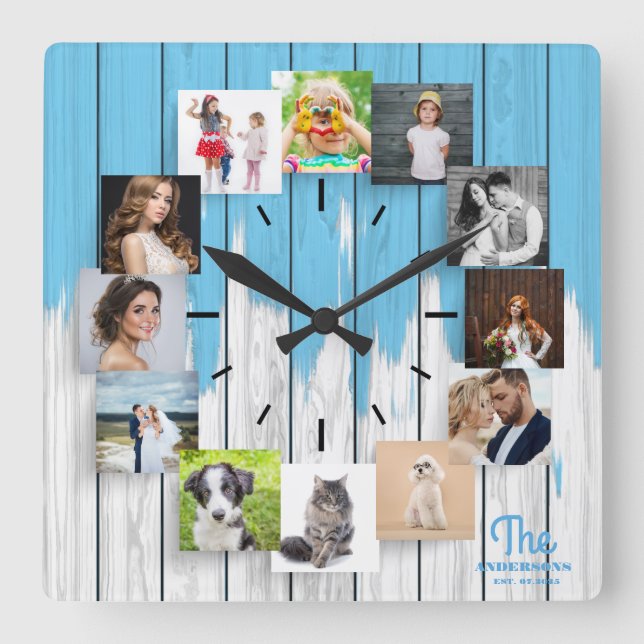 Family photo collage wood  square wall clock (Front)