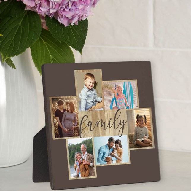 Family Photo Collage Woodgrain Border Brown Plaque (Creator Uploaded)