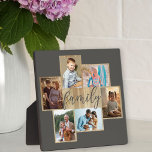 Family Photo Collage Woodgrain Border Warm Grey Plaque<br><div class="desc">Family photo collage with 6 of your favourite photos, calligraphy and light woodgrain look frame. The photo template is ready for you to add your photos, which are displayed in landscape and portrait formats. The background colour and the word "family" are coloured warm grey and you are welcome to edit...</div>