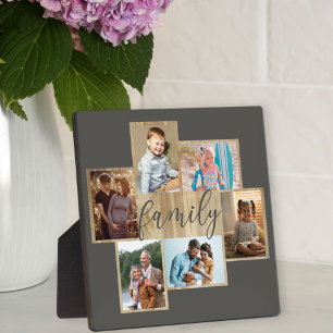 Family Photo Collage Woodgrain Border Warm Grey Plaque