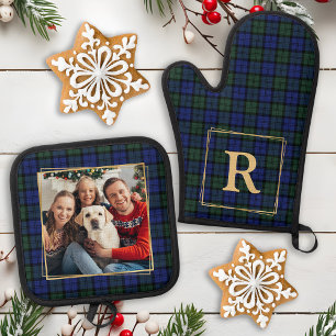 Family Photo Custom Modern Elegant Christmas Plaid Oven Mitt & Pot Holder Set