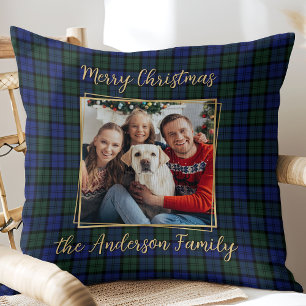 Family Photo Custom Modern Elegant Christmas Plaid Throw Pillow