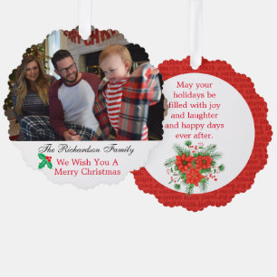 Family Photo Custom Name Christmas Red & Green Ornament Card