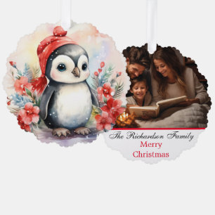 Family Photo Custom Name Cute Penguin Christmas Ornament Card