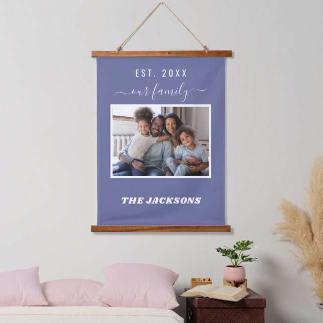 Family photo dark blue name script hanging tapestry (Bedroom)