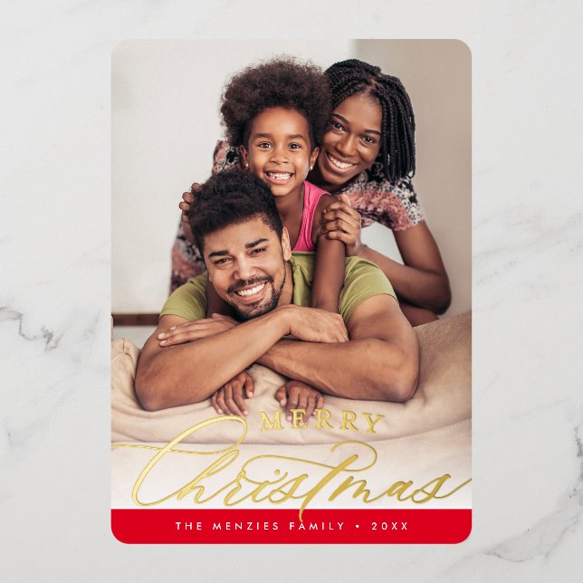 FAMILY PHOTO elegant calligraphy red gold Foil Holiday Card (Front)