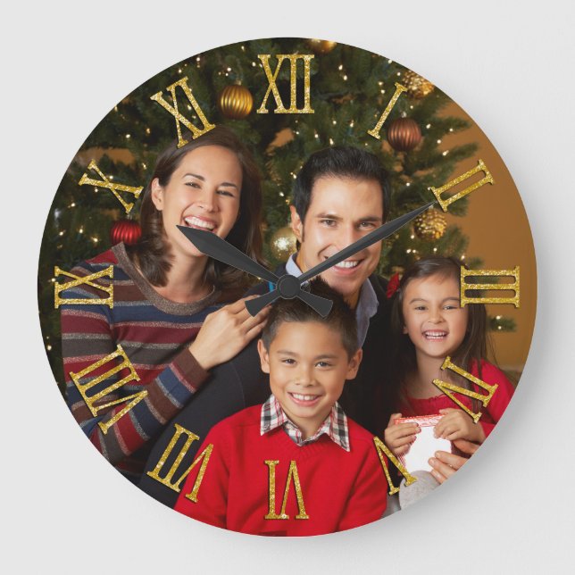 Family Photo Faux Gold Glitter Roman Numerals Large Clock (Front)
