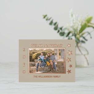 Family Photo Feliz Navidad Rose Gold Foil  Foil Holiday Postcard