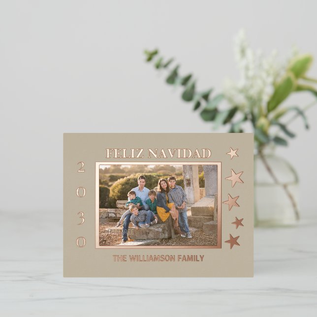 Family Photo Feliz Navidad Rose Gold Foil  Foil Holiday Postcard (Standing Front)