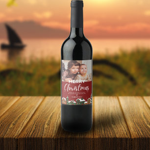  Family Photo Festive Red Holiday Merry Christmas Wine Label