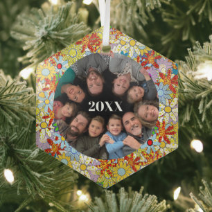 Family Photo Floral Pattern Bright Colours Glass Ornament