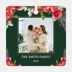 Family Photo Floral Red and Green Christmas Metal Ornament