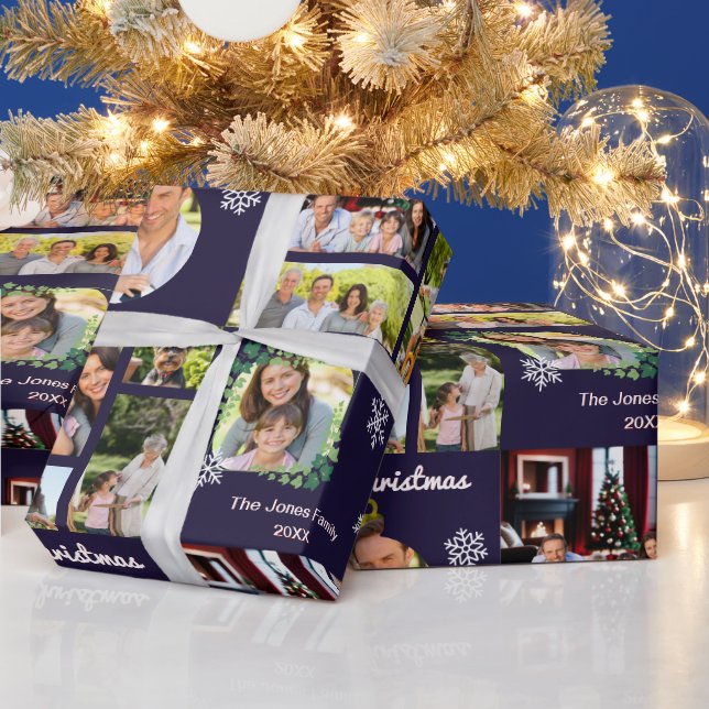 Family Photo Gallery Dark Blue Custom Christmas Wrapping Paper (Holidays)