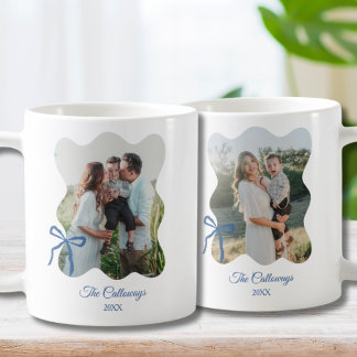 Family Photo Gift for Mom 2-Photo Blue Bow Coffee Mug