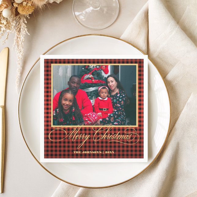 Family Photo & Gold Script Merry Christmas Party Napkin (Creator Uploaded)