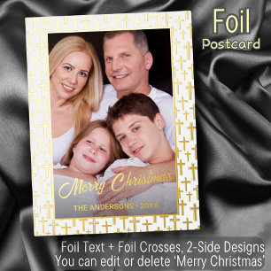 Family photo golden cross Christmas elegant script Foil Holiday Postcard