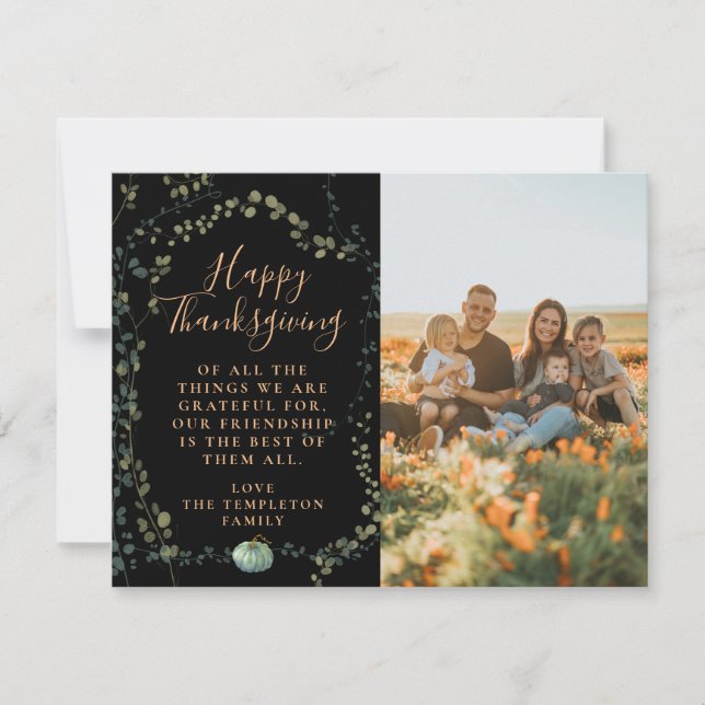 Family Photo Green Black Thanksgiving Holiday Card (Front)