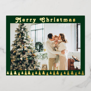 Family photo green Christmas Foil Holiday Postcard