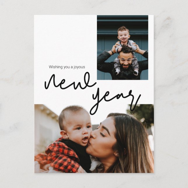 Family photo Greeting Modern New Year Script Postcard (Front)