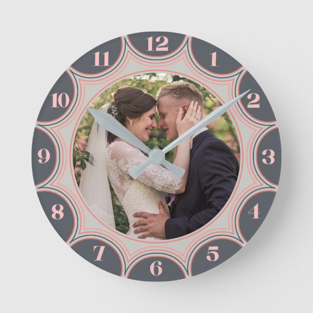 Family Photo Grey Coral Pink Sunburst Personalized Round Clock (Front)
