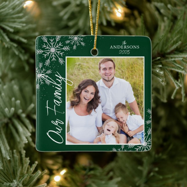 Family Photo Handwriting Script Green Christmas Ceramic Ornament (Tree)
