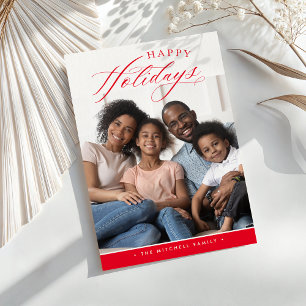 FAMILY PHOTO Happy Holidays cute calligraphy red  Holiday Card