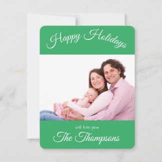 Family Photo Happy Holidays Script Green Accent Holiday Card