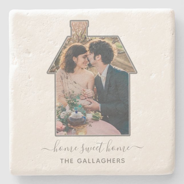 Family Photo House Shape Housewarming Wedding Gift Stone Coaster (Front)