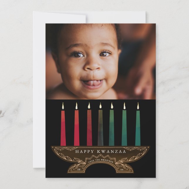 Family Photo Illustrated Kinara Kwanzaa Holiday Card (Front)