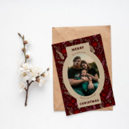 Family photo in maroon floral doodle holiday card