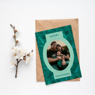 Family photo in turquoise floral doodle holiday card